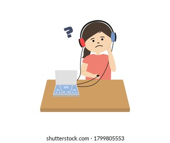 Vector illustration of girl having hearing test. She has impaired hearing