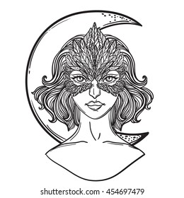 Vector illustration of girl with hawk mask and month. suitable for coloring book
