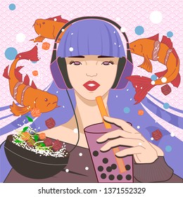Vector Illustration of a Girl in headphones with Boba drink and Poke Bowl