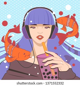 Vector Illustration of a girl in headphones drinking Boba tea with Koi Fish around her.