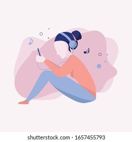 Vector illustration of a girl with headphones, flat illustration, social networking,chat, messages,web site, search friends, mobile web graphics