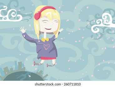 Vector illustration of a girl in headphones jumping in air and cherry blossom