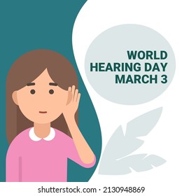 Vector illustration, of a girl with hearing impairment trying to hear a sound, as a banner or poster, World Hearing Day.