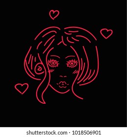 Vector illustration. Girl with hearts on a black background.  St Valentine's Day.