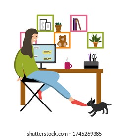 vector illustration with a girl and her dog. The dog plays with the girl and pulls her sock off her feet. On the wall is a shelf with books and toys. On the table is a mug of coffee. White background.