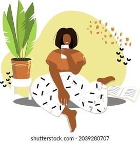 Vector illustration. A girl with her phone sitting on the floor, looking and taking selfies in a room with a potted plant and a book