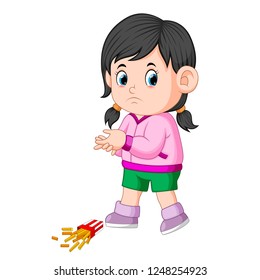 vector illustration of a girl with her potatoes fries fall down on the floor