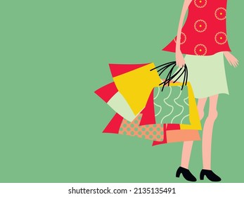 Vector illustration - a girl with a hidden face carries a lot of colorful paper bags on a trendy green background and space for copying. Concept shopping and sales