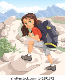 Vector illustration of a girl hiking the highlands