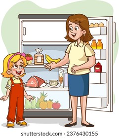 vector illustration of girl and his mother looking at the refrigerator.The girl asks his mother for the juice in the refrigerator.