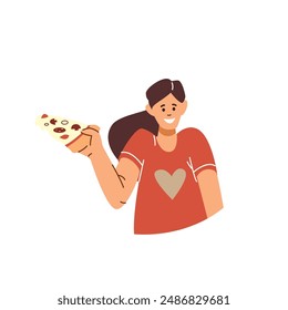 Vector illustration of a girl holding a delicious slice of pizza decorated with cheese, pepperoni and tomatoes on a white background for as a pizzeria menu icon