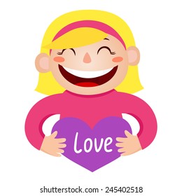 Vector illustration of a girl holding a gift in a wrapped heart-box isolated on white. Valentines days card.