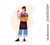 Vector illustration of a girl holding a grocery basket. Cartoon scene of a girl in a t-shirt, shorts, apron holding a wicker basket with healthy vegetables: eggplants,peppers,tomatoes,zucchini,greens.