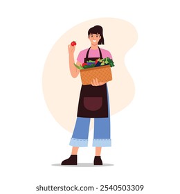 Ilustração vetorial de uma garota segurando uma cesta de supermercado. Cena de desenho animado de uma menina em uma t-shirt, shorts, avental segurando uma cesta de vime com legumes saudáveis: berinjelas, pimentos, tomates, abobrinhas, verdes.