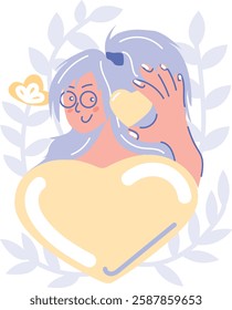 A vector illustration of a girl holding a heart. A simple and minimalist art style that conveys warmth, love, and tenderness. The design is light and modern, making it perfect for greeting cards, soci