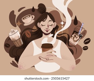 Vector illustration of a girl holding a hot drink surrounded by coffee drinks and coffee beans. Young girl sitting in cafe. Vector flat illustration. Cozy morning coffee.