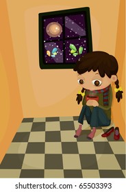 Vector illustration of girl holding a hot coffee in room.