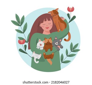 Ilustración vectorial de una niña sosteniendo y abrazando a tres gatos. Un gato está sentado en el hombro de la mujer 