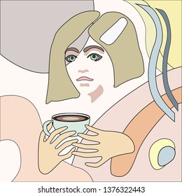 Vector illustration of a girl holding paper cup of coffee with abstract print on background. Light color flat design of coffee-to-go for mobile app, web page, article, t-shorts and decorative print.