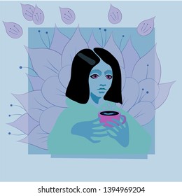 Vector illustration of a girl holding paper cup of coffee with flowers on background. Light color flat design of coffee-to-go for mobile app, web page, article, t-shirts and decorative print.