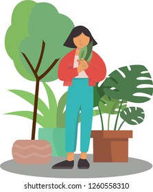 Vector illustration of a girl holding a plant. A girl who loves plants and decorates the house with them.