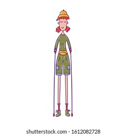 Vector illustration of a girl holding poles for nordic walking - Cartoon colorful character of a young lady going hiking on white background - Cheerful design for print, card, cover, sticker