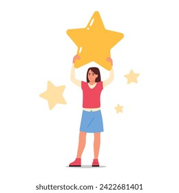Vector illustration of a girl holding a star. Cartoon scene of a girl holding a star, a high rating symbol, giving a high rating to the product isolated on a white background. A satisfied customer.
