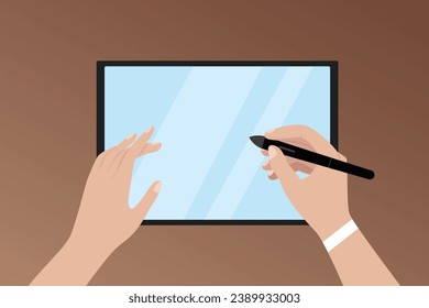 Vector illustration of a girl holding a stylus and drawing on a screen tablet close up top view digital illustration