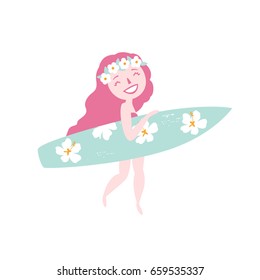 Vector illustration, a girl holding a surfboard