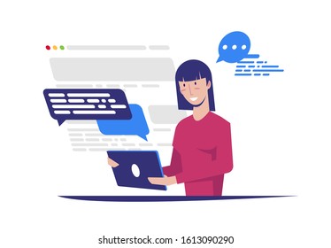 Vector illustration of a girl holding a tablet in her hands, open Internet browser Windows, chatting with a tablet