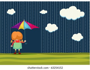 Vector illustration of girl holding an umbrella in rainy day.