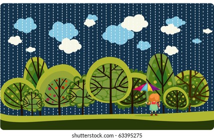 Vector illustration of girl holding an umbrella in rainny forest.