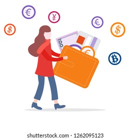 Vector illustration with girl holding wallet, bank card, banknote, coins. Personal finance management. Design for banner, poster or print.