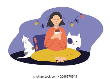 vector illustration - a girl at home in a cozy atmosphere drinks hot tea, coffee or cocoa, next to her is a cat. thorn illustration in flat style