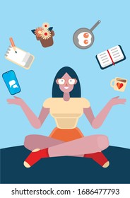 Vector illustration with girl in home look and icons of staying home