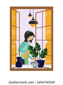 Vector illustration. The girl at home takes care of the plants, wipes the dust, cleans. Opened window. Cleaning company. Gardener. Blank for the site, banner, template for the site.