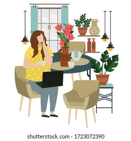 
Vector illustration. Girl at home working on a laptop and talking on the phone. Freelance. Girl in a stylish interior. Blank for banner or postcard. Girl is drinking tea or coffee.