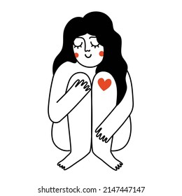 Vector illustration with girl hug your self and red heart on her knee. Cute apparel print design, home decoration poster, sticker template