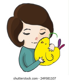 Vector illustration with a girl hugging a bird