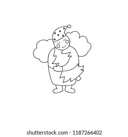 Vector illustration of a girl hugging a Christmas tree, linear design of a Christmas card