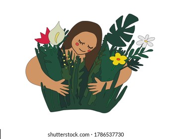 Vector illustration. Girl is hugging flowers and other plants. The symbol of harmony with nature. One planet