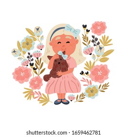 Vector illustration of a girl hugging yorkshire terrier puppy in cartoon hand drawn style isolated on white. Kids postcard design of best friends. Dog owner with dog, dog walk