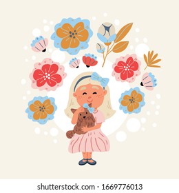 Vector illustration of a girl hugging yorkshire terrier puppy in cartoon hand drawn style isolated on white. Kids postcard design of best friends. Dog owner with dog, dog walk