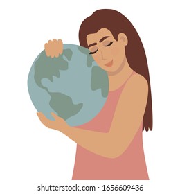 Vector illustration of a girl hugs the planet Earth.
