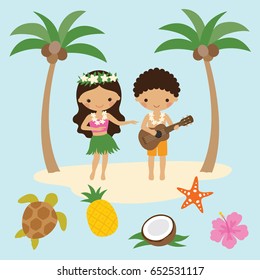 Vector illustration of girl hula dancer and boy playing ukulele guitar in Hawaii with beach elements.