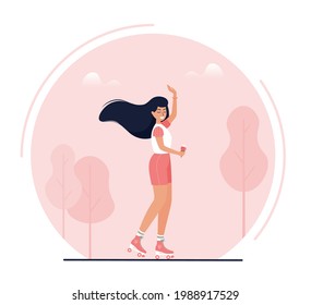 Vector illustration of girl with ice cream. Girl on roller. Rollerblading. Summer time. Sport, activity. 