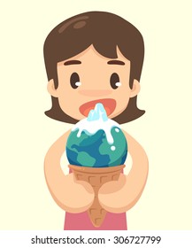 Vector. Illustration. A girl and ice cream in earth form.