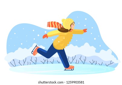 Vector illustration of a girl ice skating on ice rink. Winter background.