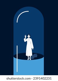 Vector illustration of a girl inside a capsule. A woman with her hand raised and hopelessness in her eyes is locked in a large capsule. Conceptual illustration about drug addiction or abuse