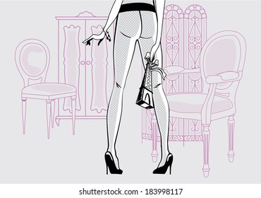 Vector illustration of a girl in the interior